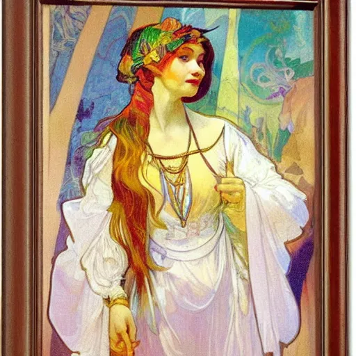 Prompt: bright, proud portrait of pagan queen libuse from slavic tales by alfons mucha