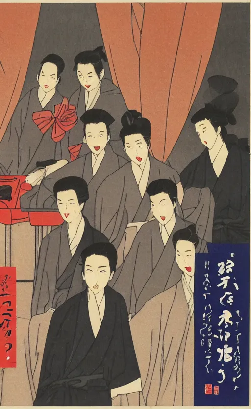 Prompt: by akio watanabe, manga art, the curtain of a rakugo theatre, the show is about to begin, trading card front, sun in the background