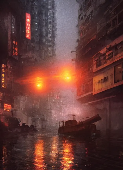 Image similar to dramatic Photorealistic, Matte Painting of a tug boat with bright head lights exploring a busy post apocalyptic deep flooded Hong Kong city street at night,dark Tall buildings by Greg Rutkowski,Craig Mullins,Hyperrealism,Beautiful dramatic moody lighting,Cinematic Atmosphere,volumetric,Octane Rendering,8K