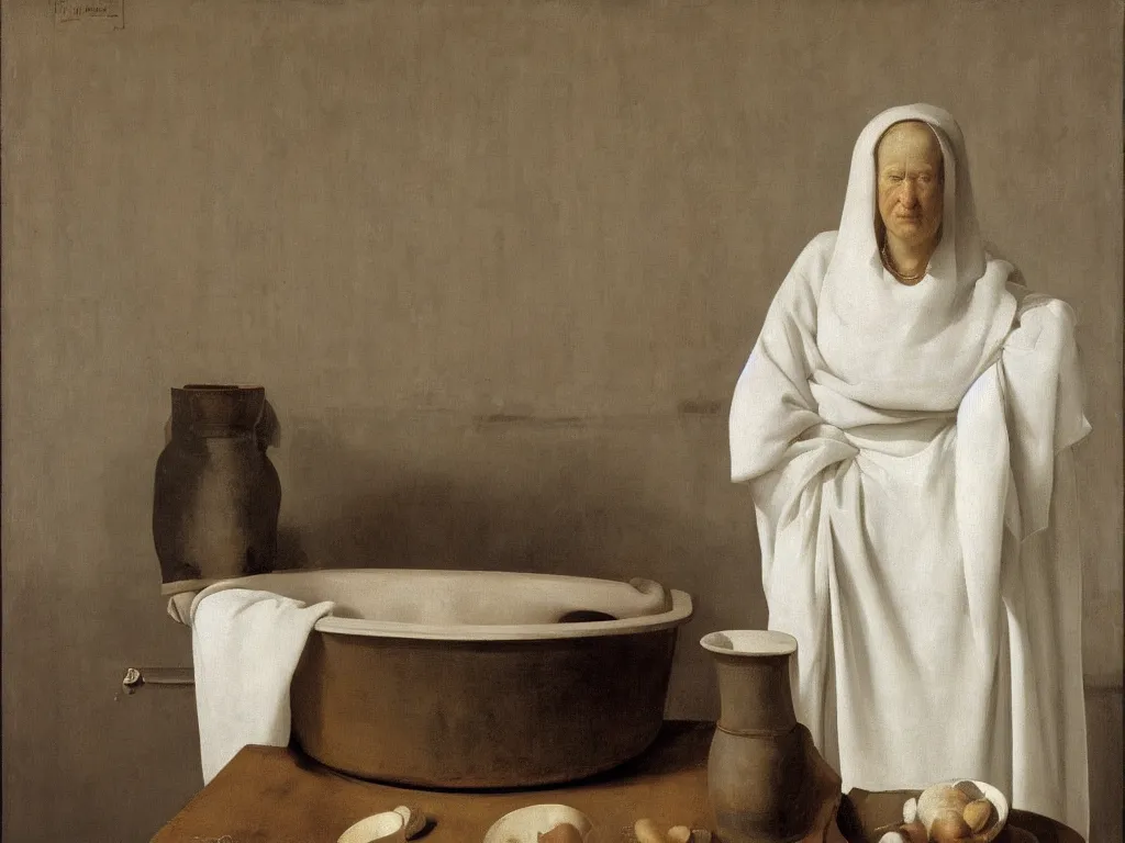 Image similar to Portrait of a woman in the bathtub with amphora, white cloth and crane. Still life. White Opal, marble teracotta. Painting by Zurbaran, Hammershoi, Morandi