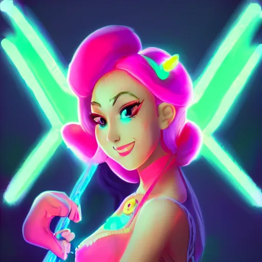 Image similar to Princess peach mixed with jinx from league of legends with neon lighting, trending on artstation, by WLOP