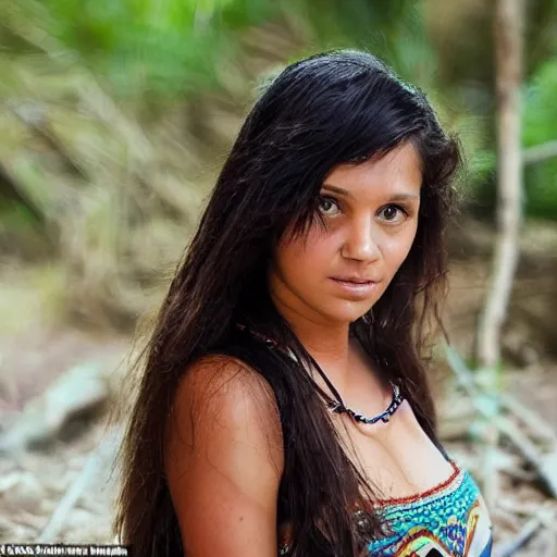 Image similar to a short but curvaceous El Salvadorian woman names Sarah with long brown hair and brown eyes. Her face had complex deep intriguing patterns shamanic her face