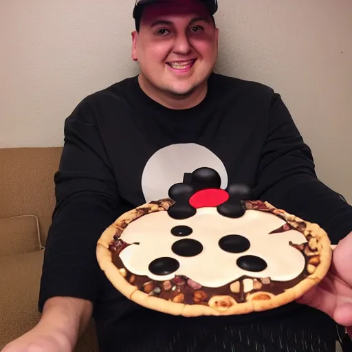 Prompt: trail cam footage of JoeysWorldTour wearing a Mickey Mouse hat while eating a chocolate pizza