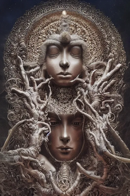 Image similar to Intricate stunning highly detailed deity by agostino arrivabene and Vladimir Kush, surreal metal sculpture, ultra realistic, Horror, dramatic lighting, full moon, blood moon, thick black swirling smoke tornado, burning fire embers, artstation