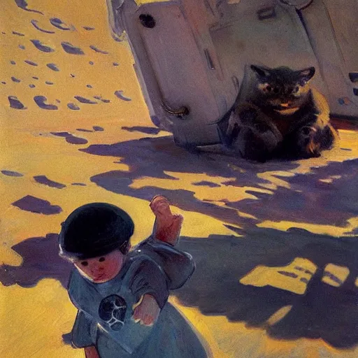 Prompt: Liminal space in outer space with cute curious creatures by Joaquín Sorolla
