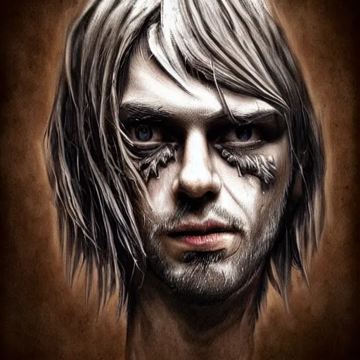 Prompt: surrealism grunge cartoon portrait sketch of Kurt Cobain, by michael karcz, loony toons style, freddy krueger style, horror theme, detailed, elegant, intricate