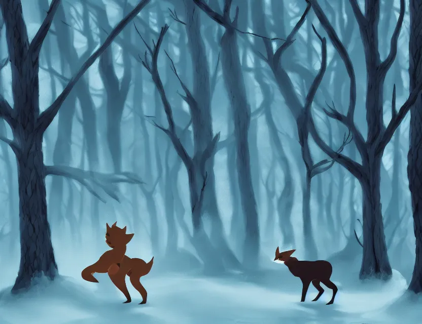 Prompt: magical, supernatural fae animal spirit in the winter woods. limited palette, 2 d animation from the 2 0 1 0 s, backlighting, bold composition, depth of field.