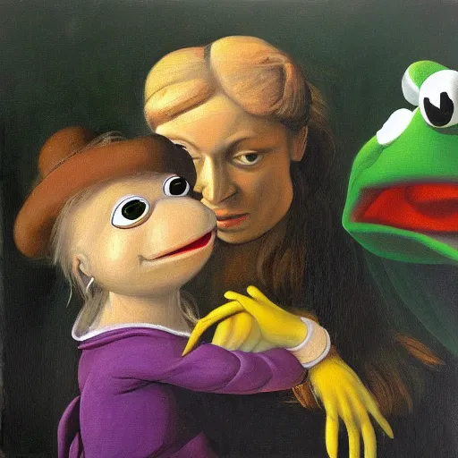 Prompt: terrified kermit the frog, oil painting, botticelli, raphael, vermeer