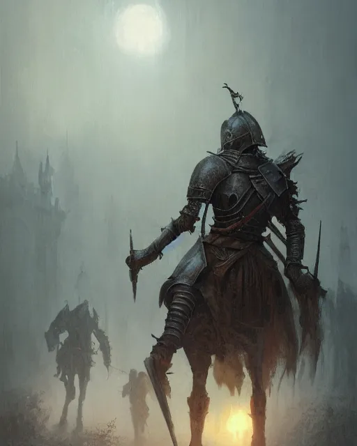 Image similar to Hyper realistic oil painting of an undead knight, knight in the foreground, fog, volumetric lighting, nighttime, moonlight, creepy, by greg rutkowski