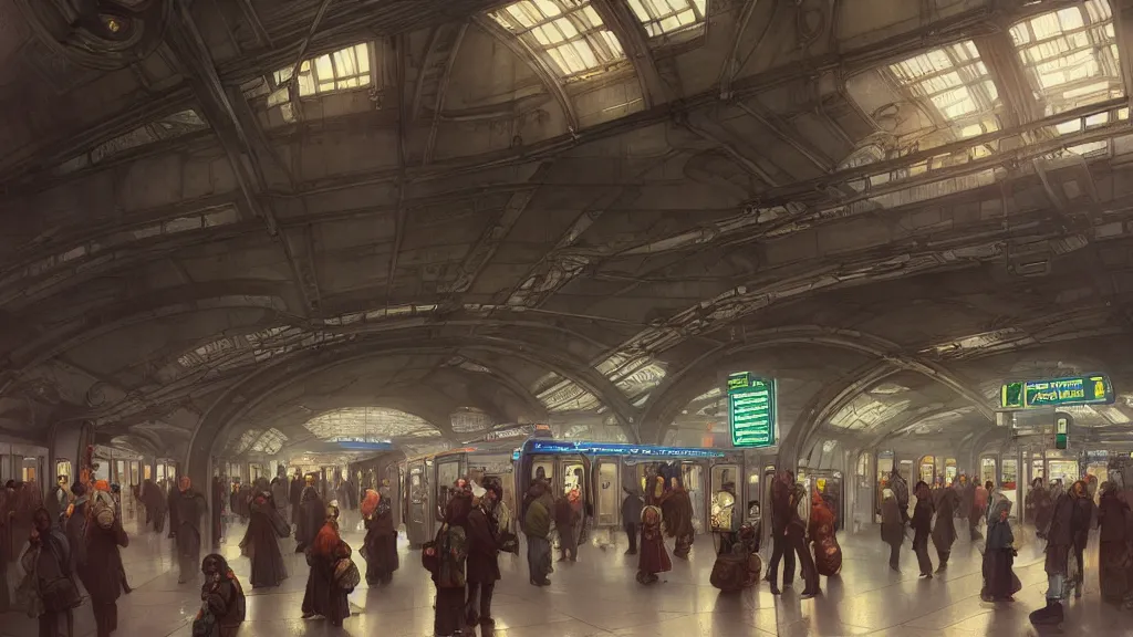 Prompt: subway station with arriving subway train!!, passengers waiting on the platform, (((steampunk))), detailed intricate octane renderer, low angle, 8K sparsely lit art by artgerm and greg rutkowski and alphonse mucha