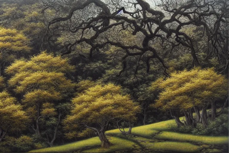 Image similar to masterpiece painting of oak trees on a hillside overlooking a creek, dramatic lighting, by chie yoshii