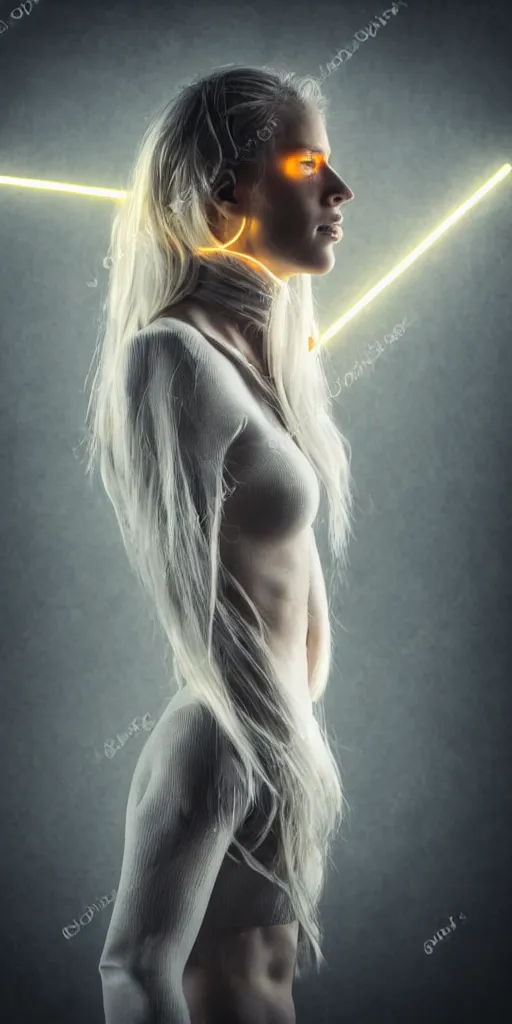 Image similar to a beautiful nordic female humanoid cyborg neon light telephoto