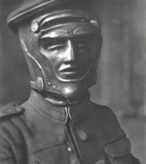 Image similar to a man at wearing iron mask in distance, ww1 film photo, grainy, high detail, high resolution