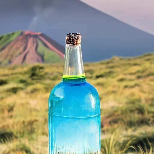 Prompt: symmetrical photo of small bottle standing, volcano background