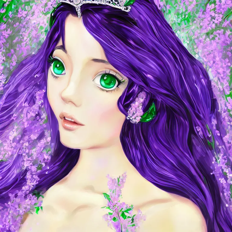 Image similar to Oil painting of a princess wearing a lavanda color dress, and a tiara with emeralds, long and straight black hair, digital art, 4k, anime style