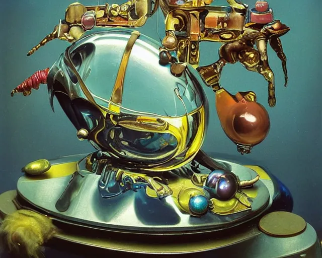 Image similar to strange seductive futuristic robot body, enticing colorful oil painting dutch golden age vanitas still life sparse composition with bulbous objects strange gooey transparent surfaces shiny metal reflections bizarre mutant meat insects rachel ruysch dali todd schorr very detailed perfect composition rule of thirds masterpiece canon 5 0 mm, cinematic lighting, photography, retro, film, kodachrome