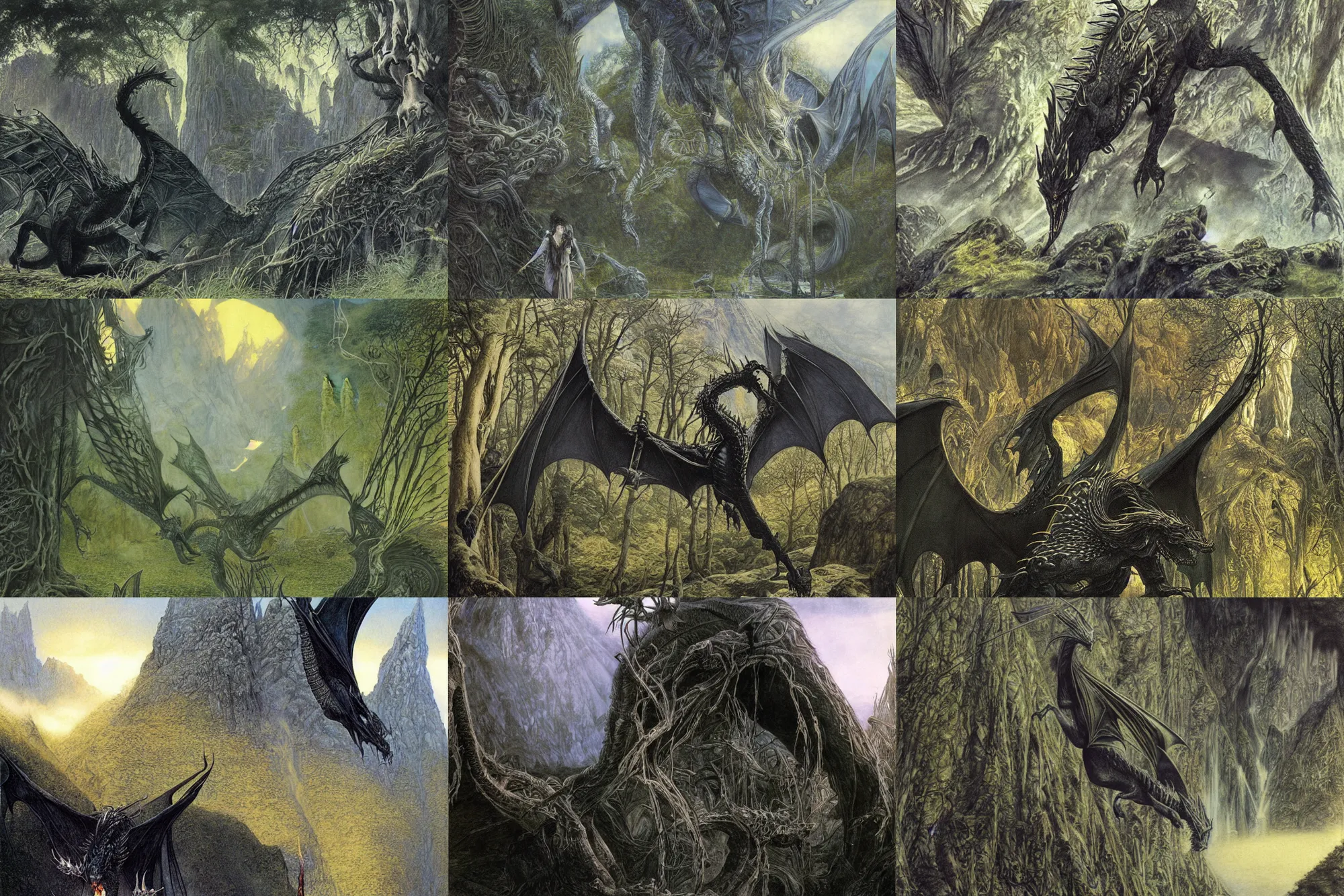 Prompt: A black dragon casts a shadow on Rivendell, painting by Alan Lee, finely detailed, wide angle
