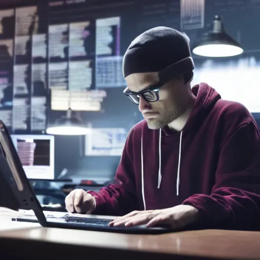 Image similar to dramatic still from Mr. Robot, A programmer expertly wrangling code late at night, intensely focused, coffee on his desk, highly detailed, sharp focus, cinematic lighting, hoodie