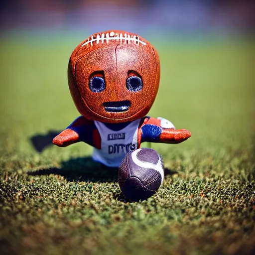 Image similar to baby groot playing football for the denver broncos, macro lens, low angle