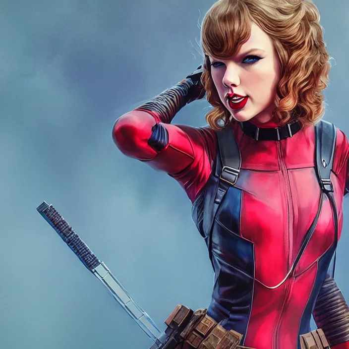 Image similar to taylor swift as lady deadpool. intricate abstract. intricate artwork. by tooth wu, wlop, beeple, dan mumford. octane render, trending on artstation, greg rutkowski very coherent symmetrical artwork. cinematic, hyper realism, high detail, octane render, 8 k, iridescent accents