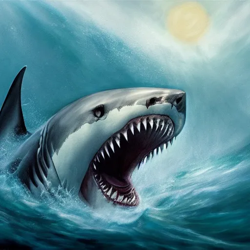 Prompt: a dream fantasy painting of a man bitten by a white shark, in the deep, by beksinki, antonio j. manzanedo, trending on artstation, deviantart, photorealism