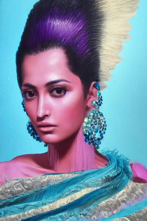 Prompt: hyperrealism oil painting, close - up portrait of european brunette indian fashion model, queen, steel gradient mixed with nebula sky, in style of baroque mixed with 7 0 s japan book art