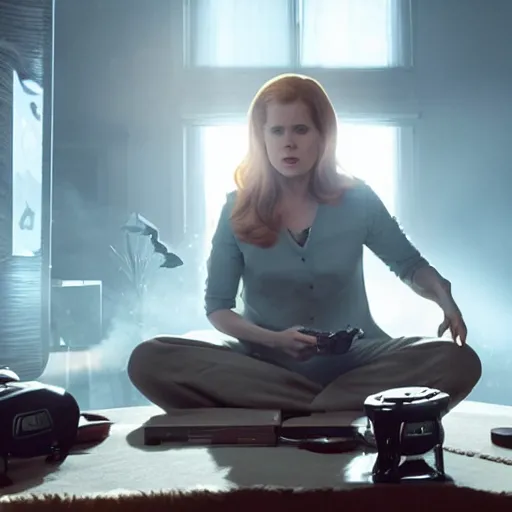 Prompt: a still of Amy Adams playing videogames, in the movie Arrival, highly detailed and intricate, bokeh, sharp image, cinematic lighting, 8k HDR