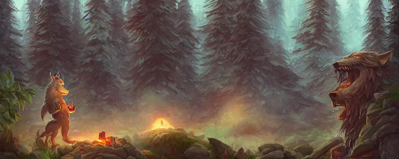 Prompt: a cartoonish big wolf is entering a chimney of a house in a forest full of wonders, pine trees, magical atmosphere, trending on artstation, 30mm, by Noah Bradley trending on ArtStation, deviantart, high detail, stylized portrait