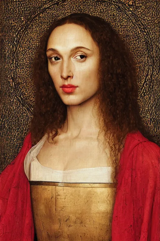 Image similar to portrait of gal gadot, oil painting by jan van eyck, northern renaissance art, oil on canvas, wet - on - wet technique, realistic, expressive emotions, intricate textures, illusionistic detail