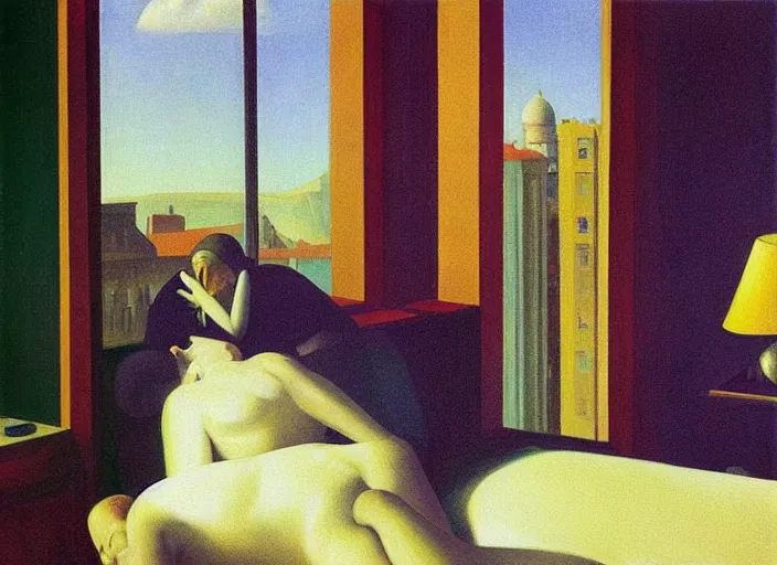 Image similar to two people in a surreal hotel room in afternoon light, open ceiling, oil painting by edward hopper, chirico and rene magritte