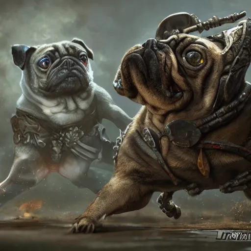 Image similar to pug battle, intricate detail, royo, vallejo, frazetta, giger, whealan, hd, unreal engine,