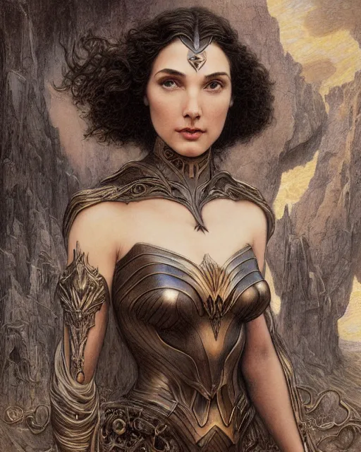 Prompt: matte painting portrait shot, beautiful gal gadot, steampunk, detailed and intricate by jean delville, gustave dore and marco mazzoni, art nouveau, symbolist, visionary, gothic, pre - raphaelite