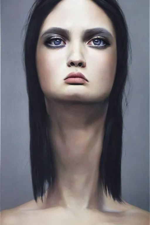 Prompt: hyperrealism oil painting, portrait fashion model, face is bound with a black cloth, sad eyes, dark background, in style of classicism mixed with 8 0 s japanese sci - fi books art