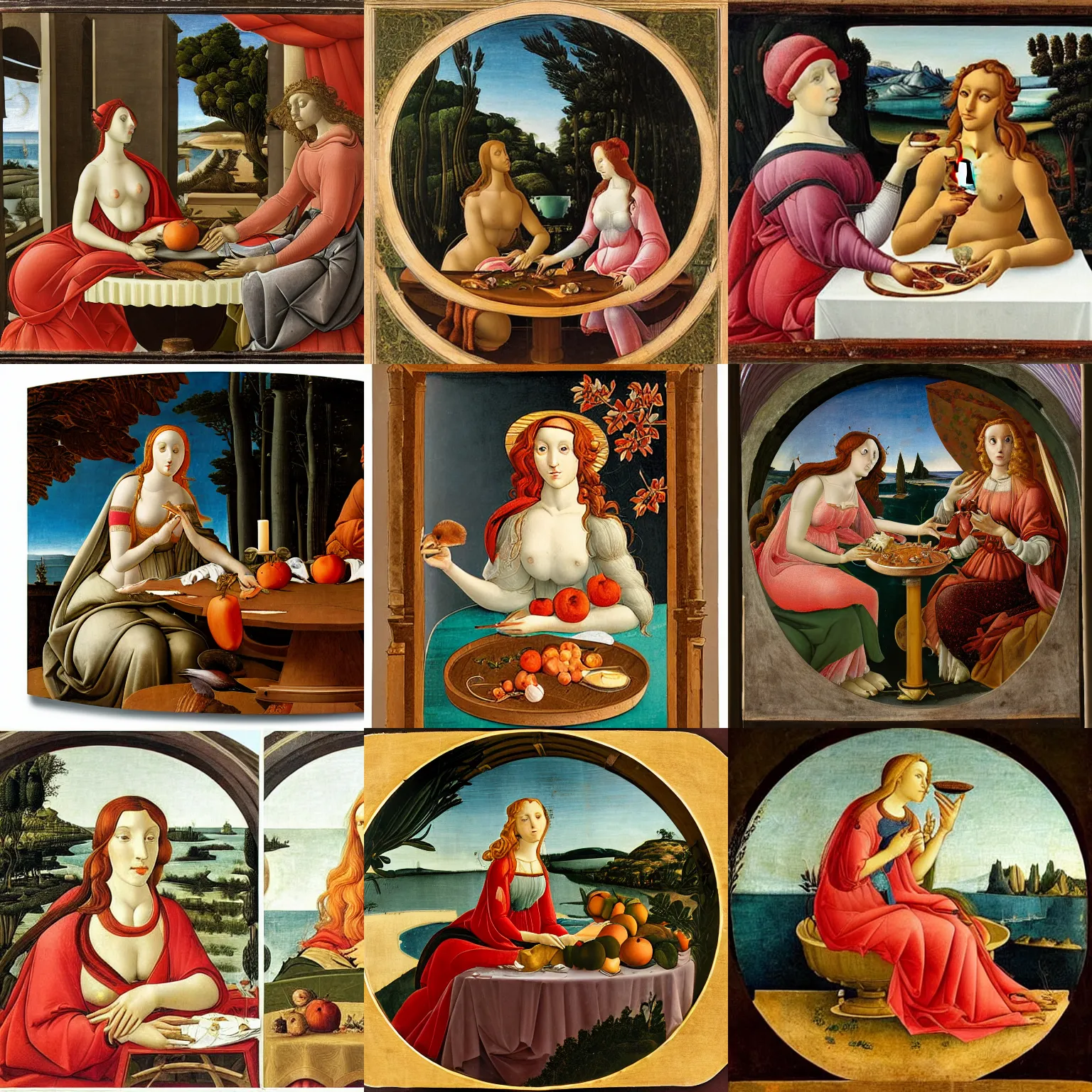 Prompt: botticelli venus sitting behind a wood circular table with a candle on top and a turdus rufiventris eating a red apple