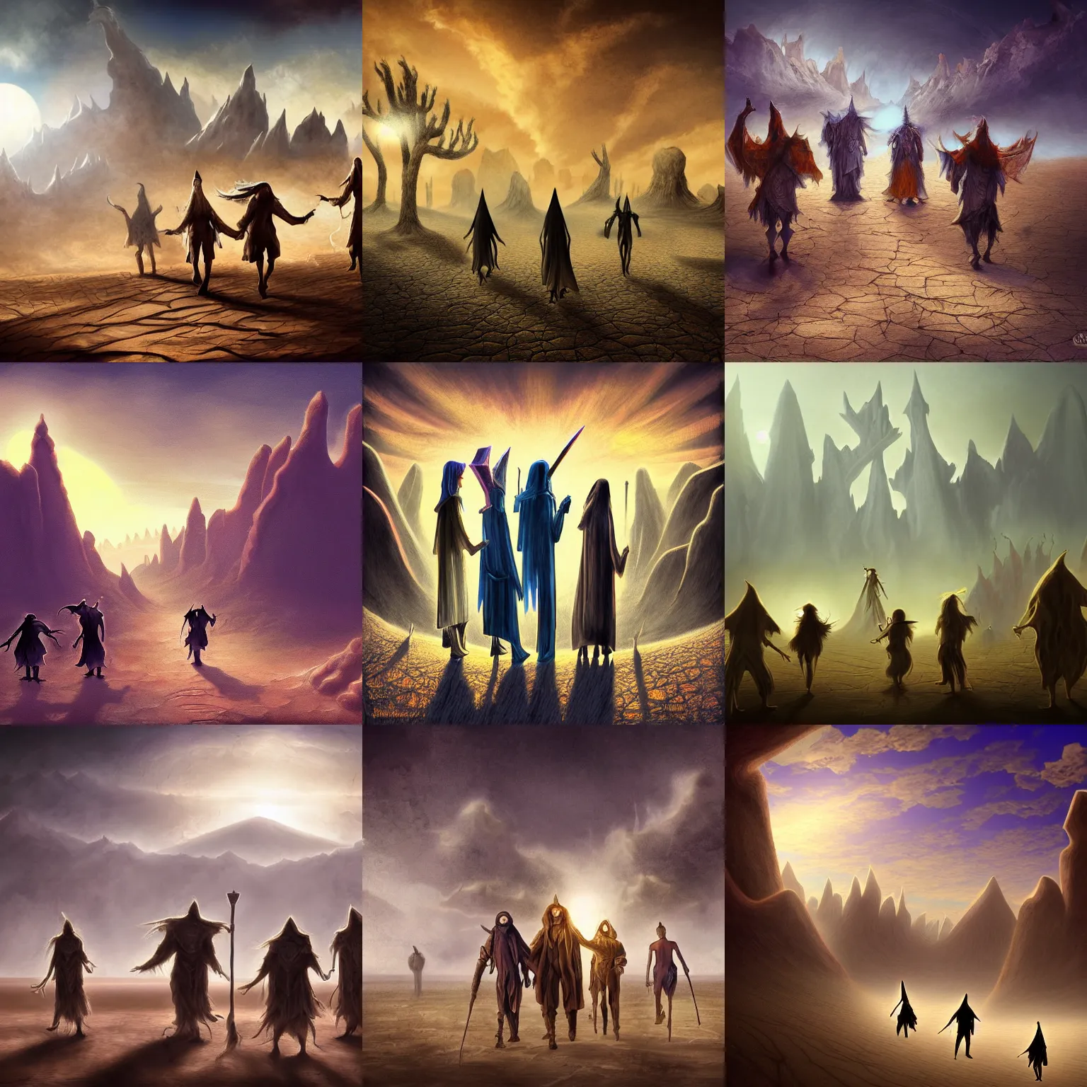 Prompt: group of wizards walking through a flat desert plateau, fantasy art, dimly lit, fractal sky, horror