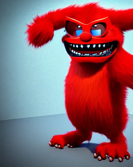 Prompt: 3 d render of completely red hairy friendly smiling antropomorphic creature wearing chrome shades, without nose, full body, standing on 2 feet, in the style of pixar, white background, unreal engine 5, octane render, highly detailed hdr