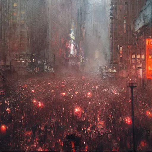 Image similar to horde of zombies in downtown new york, highly detailed painting by jeremy mann and beksinski