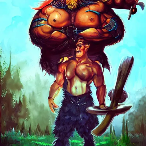 Image similar to a hyper realistic full body portrait of zany cartoon character brought to the real world, a combination of a beefy conan the barbarian and a warlock with a kind heart, in the background is a normal suburban backyard by Anato Finnstark, Jordan Grimmer, Ross Tran