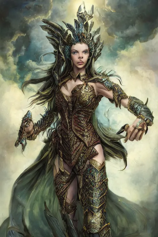 Image similar to A fantasy comic book style portrait painting of Cory Chase, hybrid, Anya Taylor-Joy, as an Atlantean Reptilian Warrior, François Boucher, Oil Painting, Mystical, Modest, Valkyrie, wearing intricately designed, jewel inlaid Armor, unreal 5, DAZ, hyperrealistic, octane render, Regal, Refined, Detailed Digital Art, RPG portrait, William-Adolphe Bouguereau, Michael Cheval, Walt Disney (1937), Steampunk, dynamic lighting, Highly Detailed, Cinematic Lighting, Unreal Engine, 8k, HD