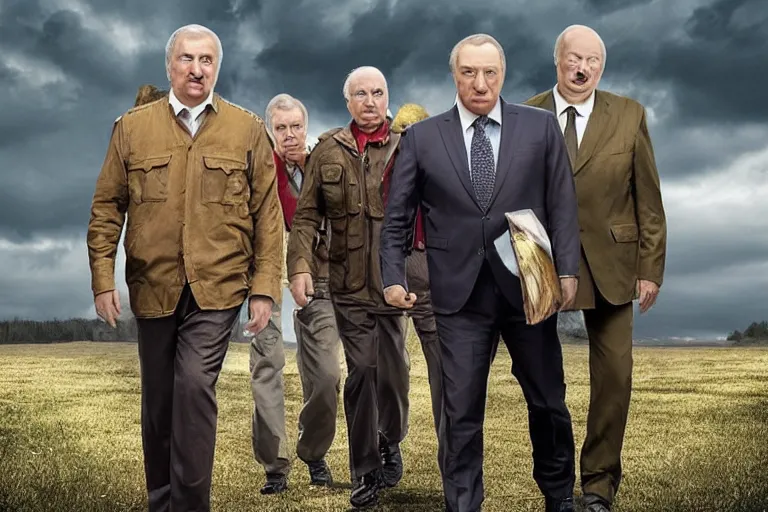 Prompt: a poster for a third season of a show which has lukashenko, homelander and other heroes gordeously walking towards the camera