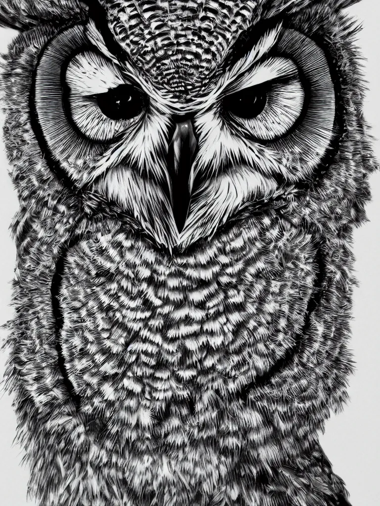 Prompt: hyperrealist highly detailed cinematic lighting studio portrait of a great horned owl, high contrast wood engraving, kentaro miura manga style, shocking detail trending on artstation 8 k