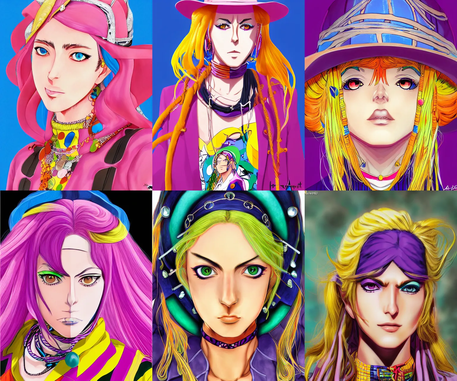 Prompt: portrait of a woman, colorful, inspired by steel ball run, inspired by jojo's manga, artstation trending, deviantart, highly detailed, focus, smooth, illustrated by hirohiko araki