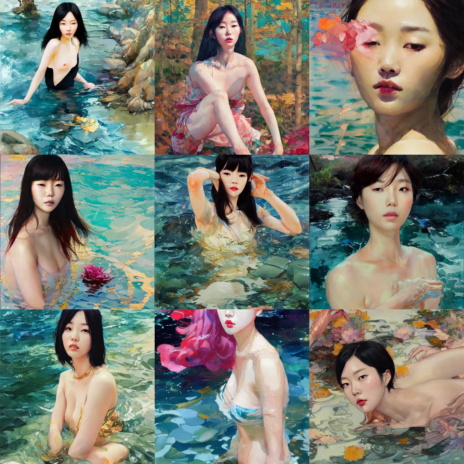Prompt: lee jin - eun emerging from gold water by martine johanna, michael garmash and katsuhiro otomo, rule of thirds, seductive look, beautiful