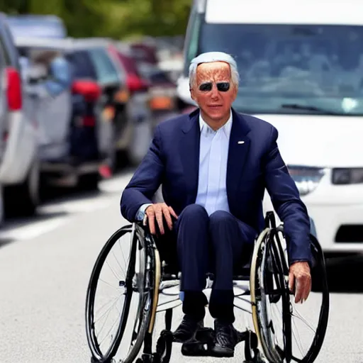 Image similar to joe biden in a wheelchair in a traffic jam