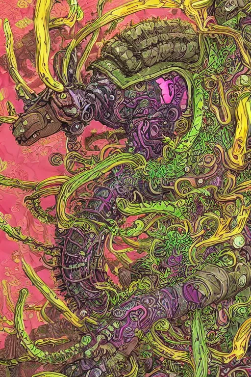 Image similar to creature sushi roots cactus elemental flush of force nature micro world fluo light deepdream a wild amazing steampunk baroque ancient alien creature, intricate detail, colorful digital painting that looks like it is from borderlands and by feng zhu and loish and laurie greasley, victo ngai, andreas rocha, john harris