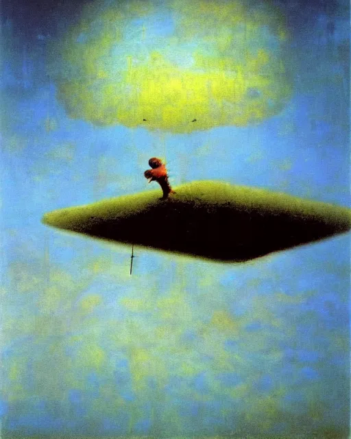 Image similar to early color photo of a scared boy flying in sky, Beksinski painting, part by Adrian Ghenie and Gerhard Richter