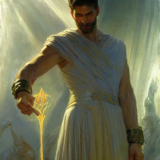 Image similar to attractive male deity casts light spell, summons attractive male lucifer morningstar. highly detailed painting by gaston bussiere, craig mullins, j. c. leyendecker 8 k