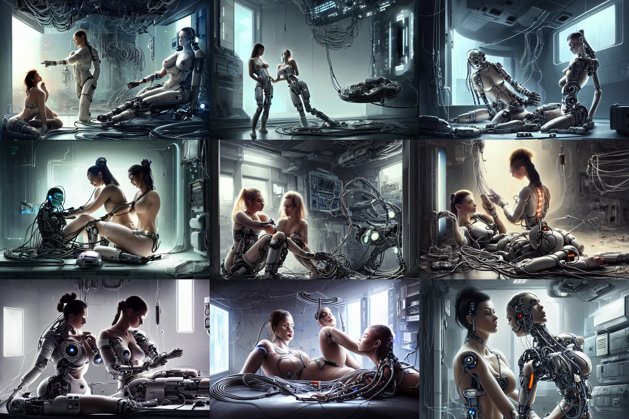 Prompt: Ultra realistic illustration, incredibly beautiful and alluring female cyborg goddess repairing a damaged beautiful female android, in a destroyed futuristic super advanced military medical bay with cables hanging from ceiling, cables on floor, beautiful face, gently caressing face, voluptuous body, beautiful alluring science observing, cyberpunk, sci-fi, fantasy, intricate, elegant, highly detailed, digital painting, artstation, concept art, smooth, sharp focus, illustration, dramatic lighting, art by artgerm and greg rutkowski and alphonse mucha