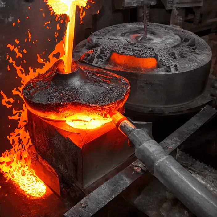 Image similar to wide angle shot of glowing flowing molten iron being poured into a mold in the shape of a punisher skull emblem. background is firey foundry. detailed, high art, intricate, artisan