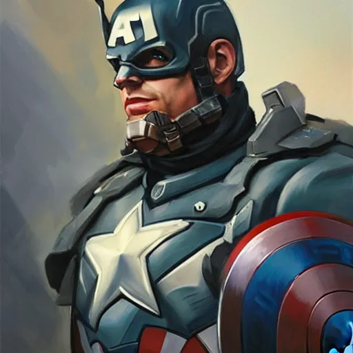 Image similar to greg manchess portrait painting of heavily armored captain america as overwatch character, totally whack, medium shot, asymmetrical, profile picture, organic painting, sunny day, matte painting, bold shapes, hard edges, street art, trending on artstation, by huang guangjian and gil elvgren and sachin teng